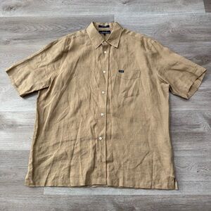 Vintage 90s Faconnable Shirt Mens Large Beige 100% Linen Short Sleeve Button Up